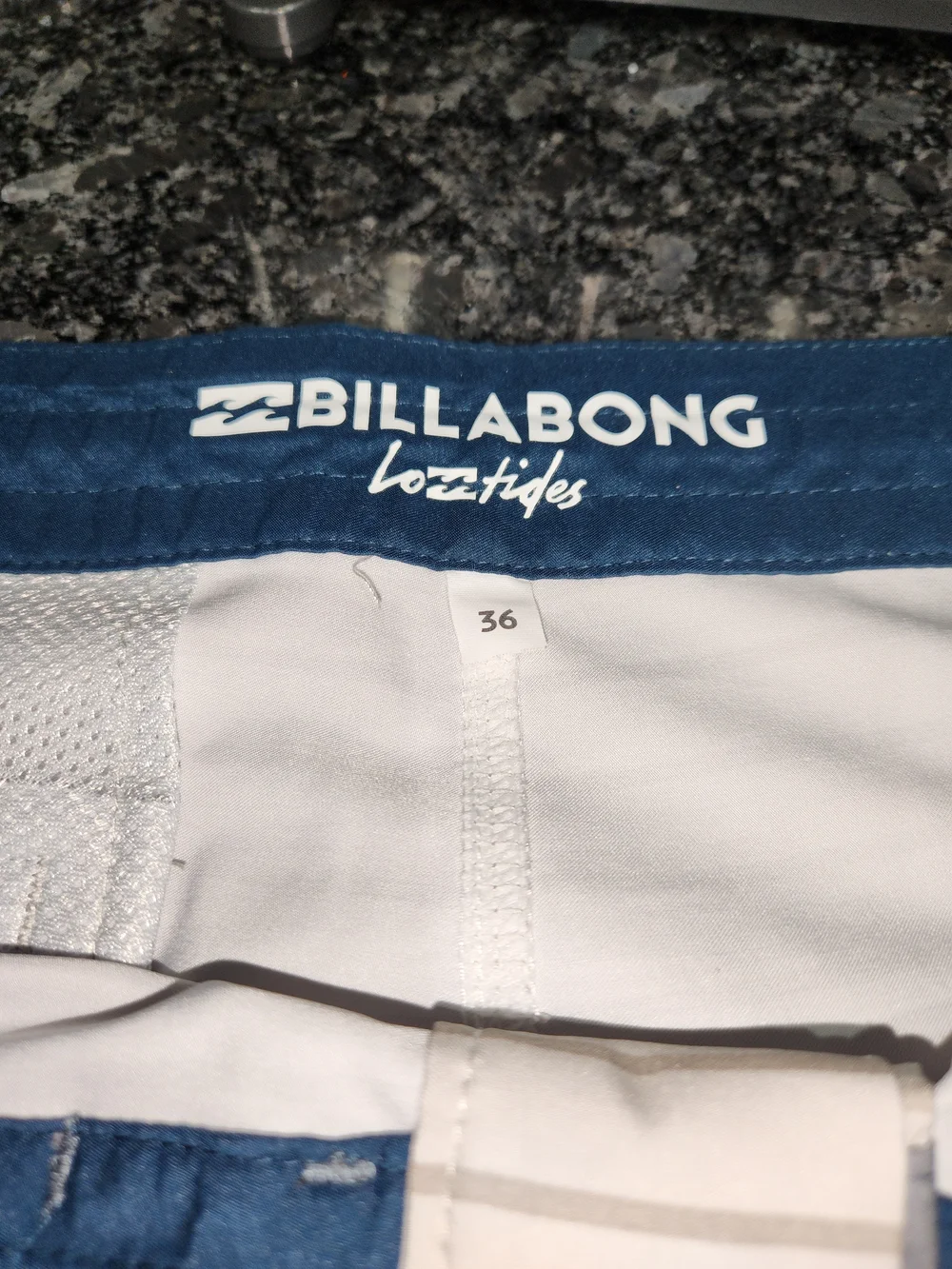 Billabong Men's Beige Swim Board Shorts with Orange & Teal Stripes